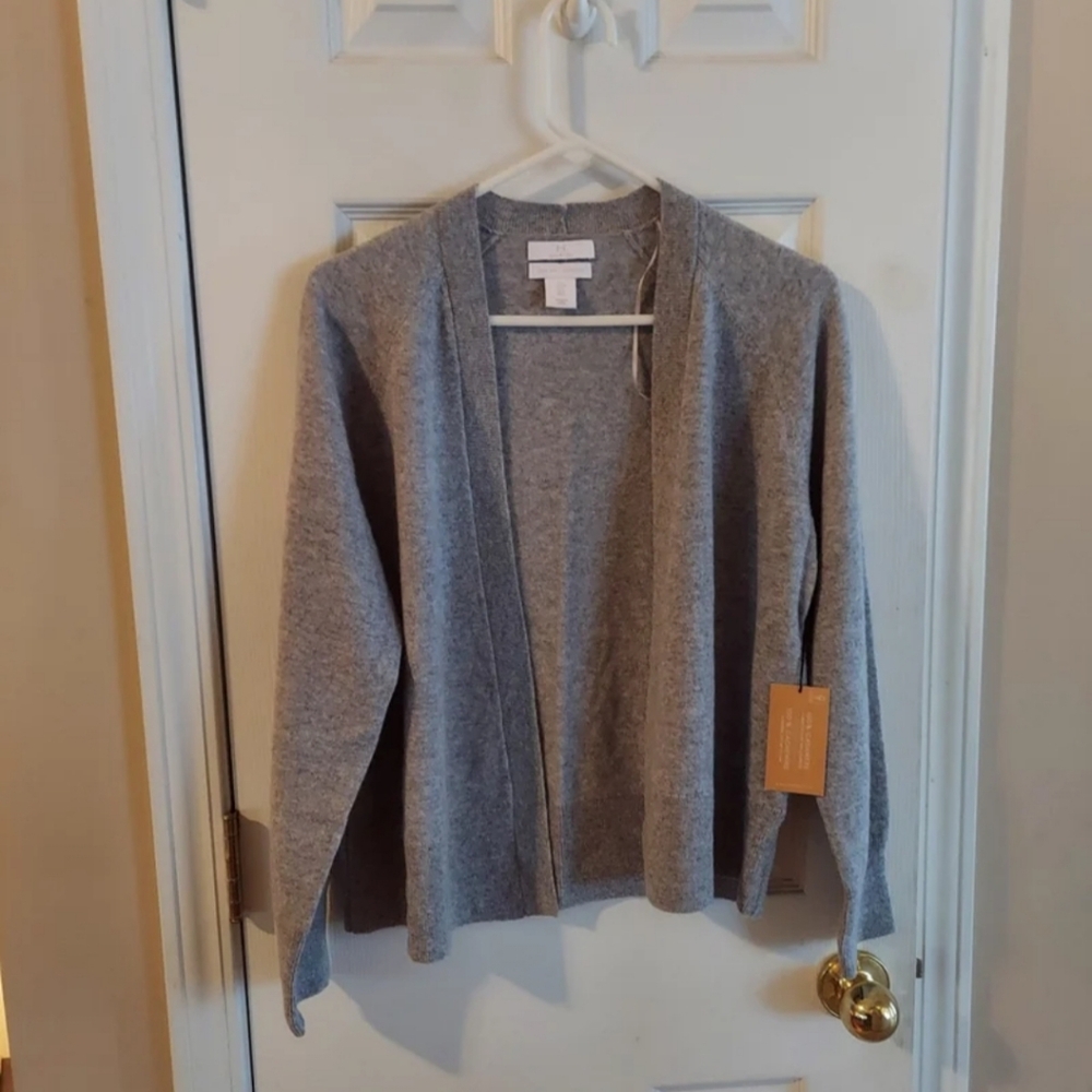 Halston Cardigan 100% Luxe 2-Ply Cashmere LG (10-12) Open Front Grey BNWT $190